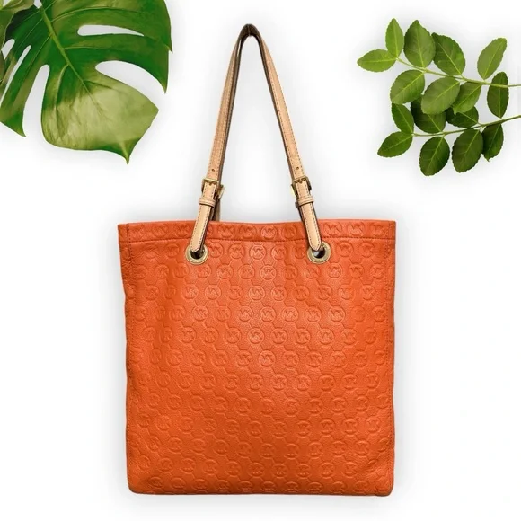 Michael Kors Tote Bag Vintage Monogram Embossed Leather Tote Shoulder Bag Orange - Picture 12 of 12